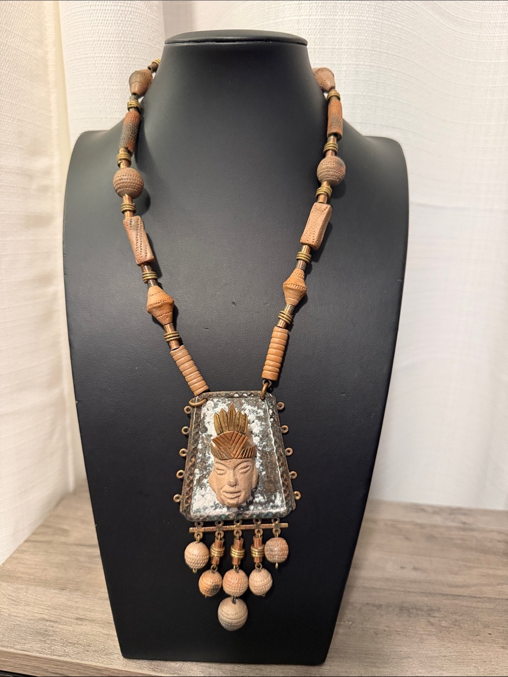 Vintage Casa Maya Mexico mixed-metal carved clay pendant necklace #B82 - Picture 12 of 13